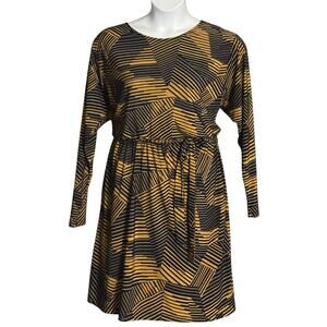 Veronica M Tie Waist Dress Size Large Jersey Black Gold Glam Long Sleeve Pockets